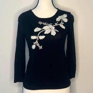 Casual Corner Women's Cardigan Sweater, Black with White Floral Embroidery, Size